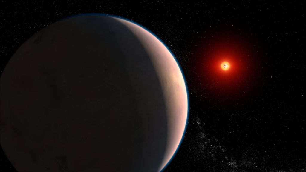 The rocky exoplanet GJ 486 b moves in front of its star, a red dwarf, the most common type of star in the universe. Astronomers detected a water vapor signal coming from either the planet or its star, using NASA's James Webb Space Telescope. Image credit: NASA, ESA, CSA, Joseph Olmsted (STScI)