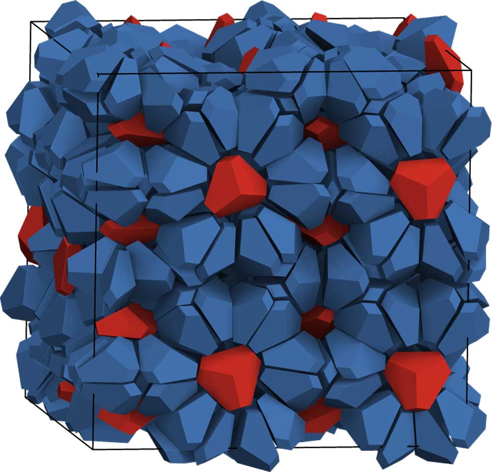The cages blue bipyramids form a network studded with red guest bipyramids.