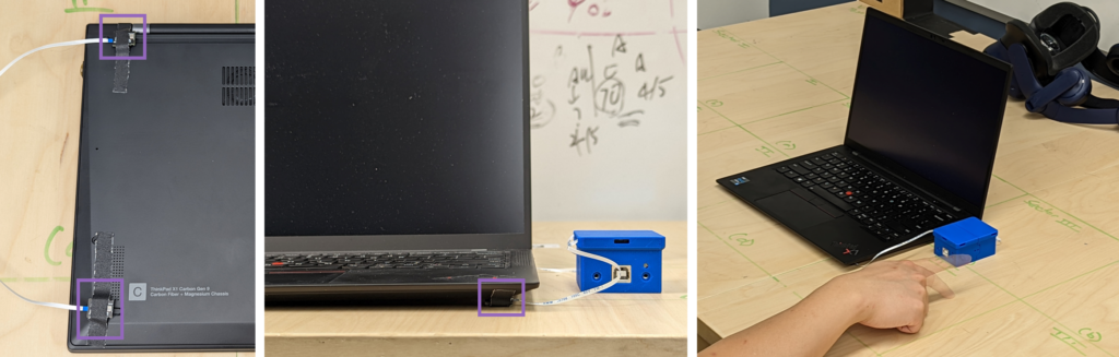 A sensing system called SAWSense takes advantage of acoustic waves traveling along the surface of an object to enable touch inputs to devices almost everywhere. Here, a table is used to power a laptop's trackpad. Image credit: Interactive Sensing and Computing Lab, University of Michigan