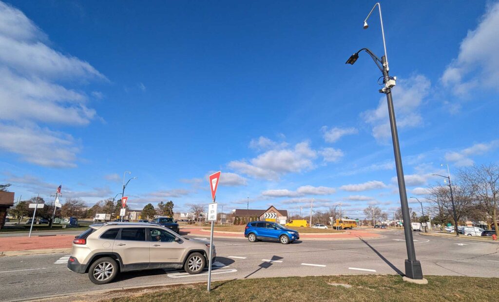 Roundabout at State Street and Ellsworth Road in Ann Arbor, Michigan. Image courtesy: UMTRI