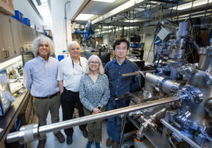 (Left to right) Cagliyan Kurdak, professor of phyisics, Ctirad Uher, the C Wilbur Peters Collegiate Professor of Physics, Rachel Goldman, professor of materials science and engineering, and Kai Sun, professor of phyisics, in the Goldman Group Molecular Beam Epitaxy Laboratory. Image credit: Evan Dougherty, Michigan Engineering