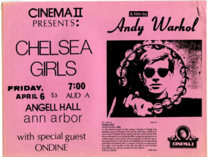 Pink flyer promotes Andy Warhol's Chelsea Girls. Warhol looks through a tambourine.