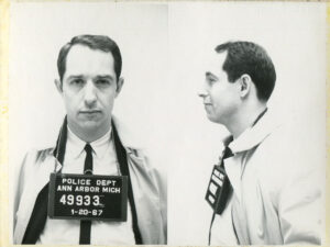Professor Hugh Cohen mug shot. Black and white. Front and side view. 1967.