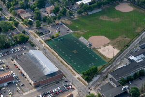 Aerial view of Elbel Field reveals a trapezoid shape.