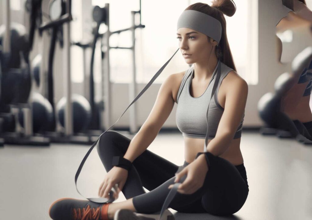 Concept photo of a concussed woman at the gym. Image credit: Nicole Smith, Made with Midjourney