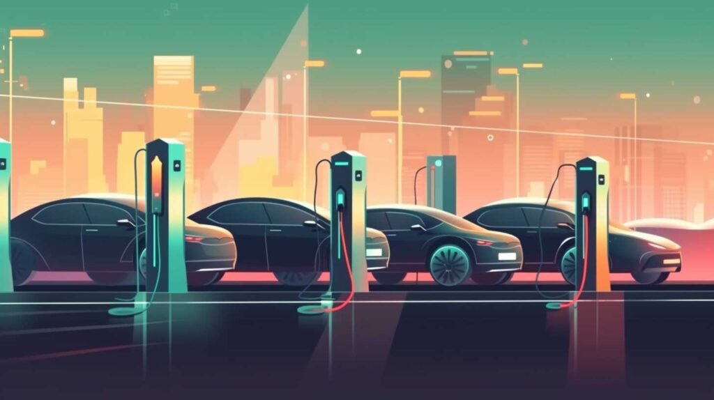 Concept illustration of electric vehicles at a charging station. Image credit: Nicole Smith, made with Midjourney