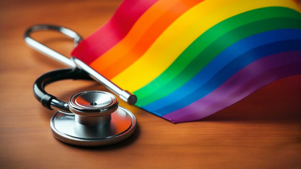 Concept illustration of a stethoscope and pride flag. Image credit: Nicole Smith, made with Midjourney