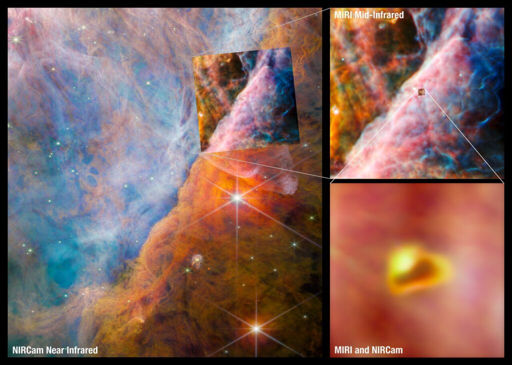 An international team of scientists have used data collected by the NASA/ESA/CSA James Webb Space Telescope to detect a molecule known as the methyl cation (CH3 ) for the first time, located in the protoplanetary disc surrounding a young star. This graphic shows the area in the center of the Orion Nebula, which lies about 1,350 light years from Earth, that the team studied. Image credit: ESA/Webb, NASA, CSA, M. Zamani (ESA/Webb), the PDRs4All ERS Team