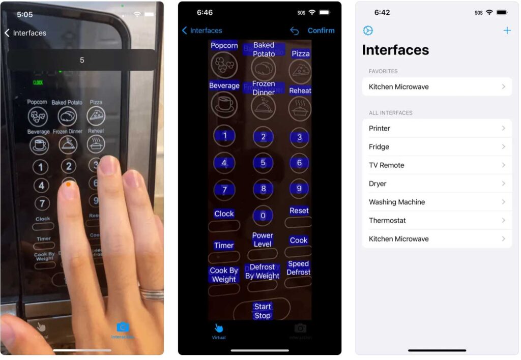 A panel of three screenshots. The first shows the camera's view of a microwave control panel with a finger hovering over the 5. A text overlay reading "5" indicates the audio readout. The second shows a virtual control panel on the smartphone screen, with buttons that users can press to hear the labels. All buttons were correctly read. The third panel shows the interfaces menu, listing Kitchen Microwave as a favorite, with Printer, Fridge, TV remote, Dryer, Washing Machine, Thermostat and Kitchen Microwave as other saved interfaces. Image credit: Human-AI Lab