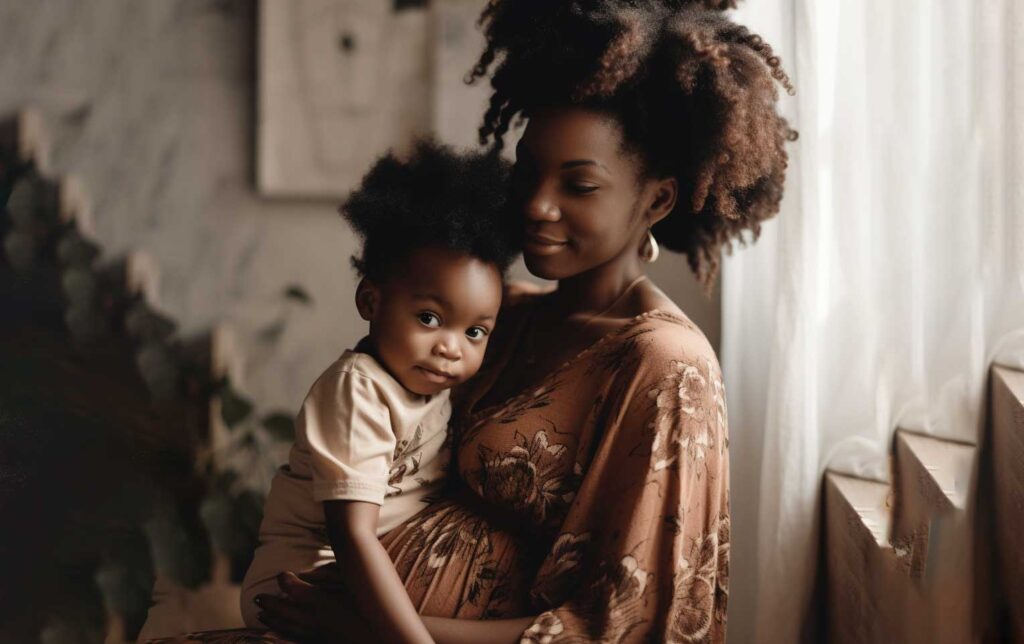 Concept photo of a pregnant woman holding her toddler. Image credit: Nicole Smith, Made with Midjourney