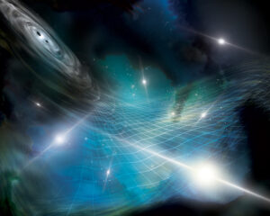 Artist’s interpretation of an array of pulsars being affected by gravitational ripples produced by a supermassive black hole binary in a distant galaxy. Image credit: Aurore Simonnet for the NANOGrav Collaboration