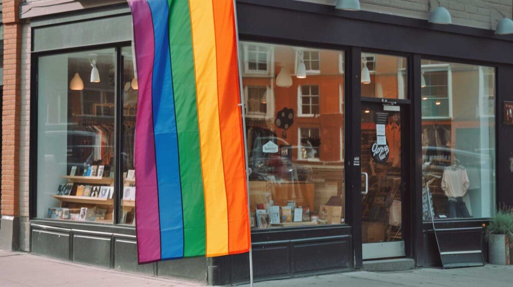 Concept photo of a pride flag outside a retail business. Image credit: Nicole Smith, made with Midjourney