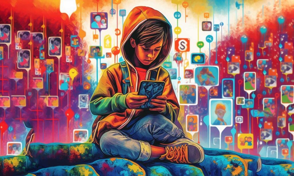 Concept illustration of a teen using social media. Image credit: Nicole Smith, made with Midjourney