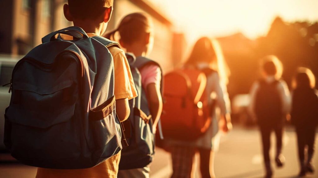 Conceptual image of students filing into a school building. Image credit: Nicole Smith, made with Midjourney