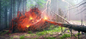 Lightning sparks a fire in a forest. Bright orange flames engulf a downed tree.