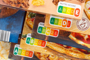 An example of a Nutri-score label on a food product. It shoes letters A-E.