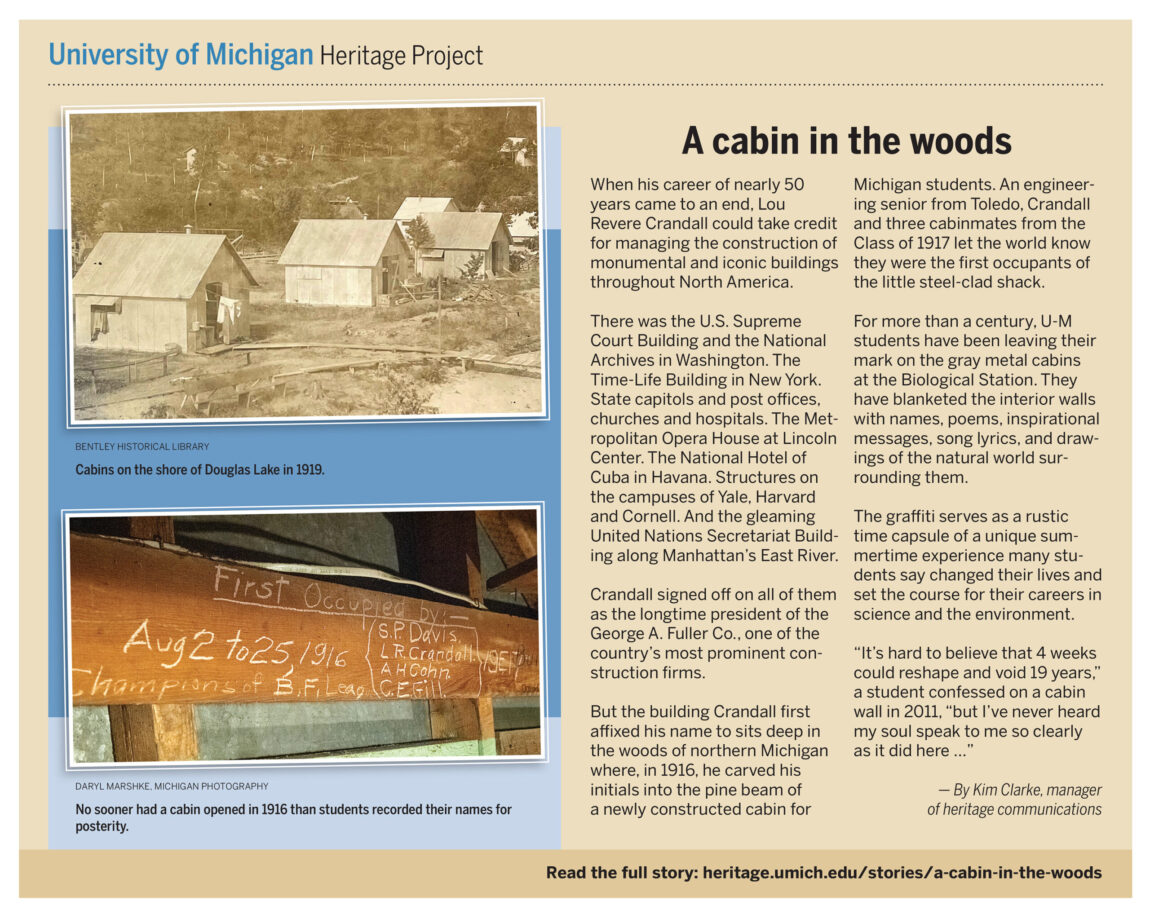 For more than a century, U-M students have been leaving their mark on the gray metal cabins at the U-M Biological Station. They have blanketed the interior walls with names, poems, inspirational messages, song lyrics, and drawings of the natural world surrounding them.
