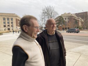 Raoul Kopelman and Panos Argyrakis stand together outside on the U-M campus.