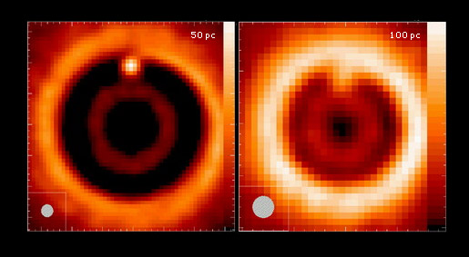 A simulation (Wolf & D'Angelo 2005) of ALMA observations at 950 GHz of a disc shows an embedded protoplanet of 1 Jupiter Mass around a 0.5 Solar Mass star (orbital radius: 5AU). The assumed distance is 50 pc or 100 pc as labeled. The disc mass is set to that of the Butterfly Star (IRAS 04302 2247) in Taurus. Note the reproduced shape of the spiral wave near the planet and the slightly shadowed region behind the planet in the left image. Image credit: S. Wolf.