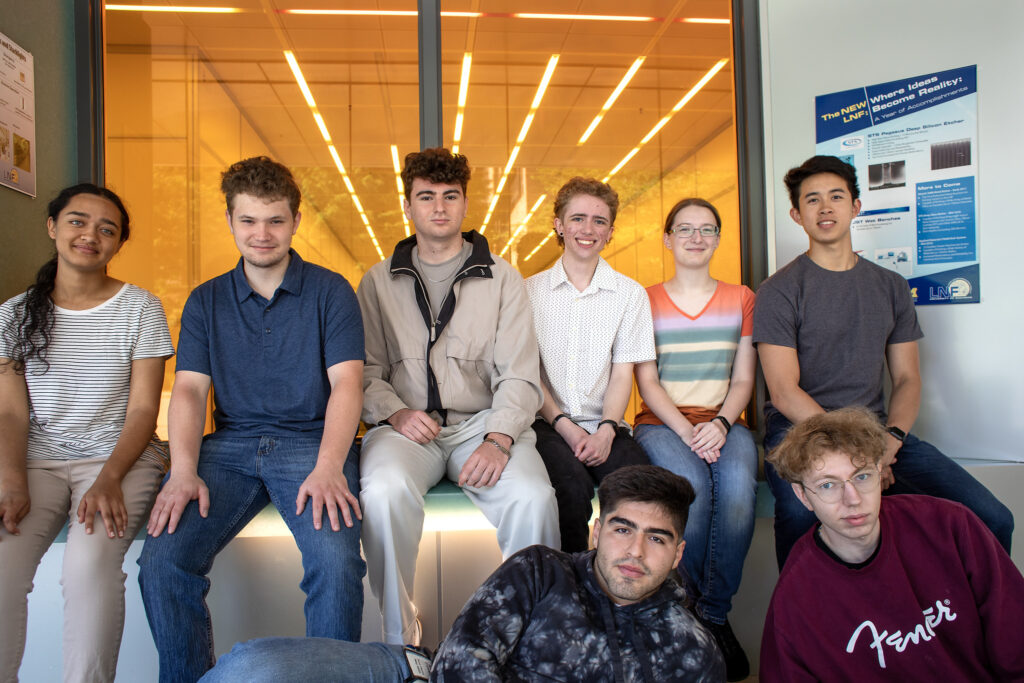 Students who are members of the 2023 Michigan Semiconductor Hands-On Research Experience (M-SHORE) program at the University of Michigan Lurie Nanofabrication Facility pose for a portrait before they tour the space and a training there. Image credit: Marcin Szczepanski, Michigan Engineering