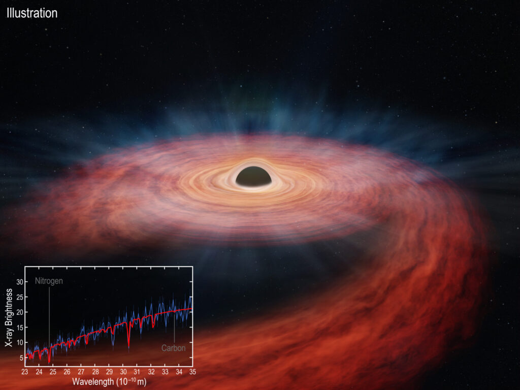 This artist’s illustration depicts the "tidal disruption event" (TDE) called ASASSN-14li, which is the focus of the latest study. As a star approached too closely to the supermassive black hole at the system, the strong gravity tore the star apart. This artist's impression depicts the aftermath of this destruction. After the star was ripped apart, some of its gas (red) was left orbiting around and falling into the black hole. A portion of the gas was driven away in a wind (blue). Image credit: NASA/CXC/University of Michigan/J. Miller et al; Illustration: NASA/CXC/M.Weiss