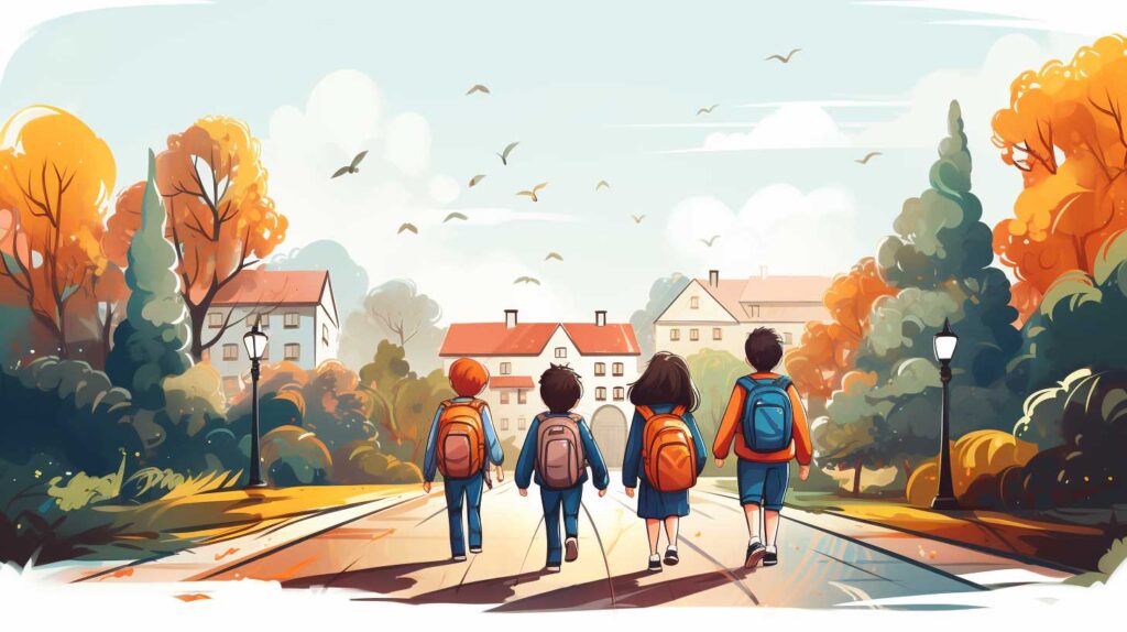 Concept illustration of four children walking to school. Image credit: Nicole Smith, made with Midjourney