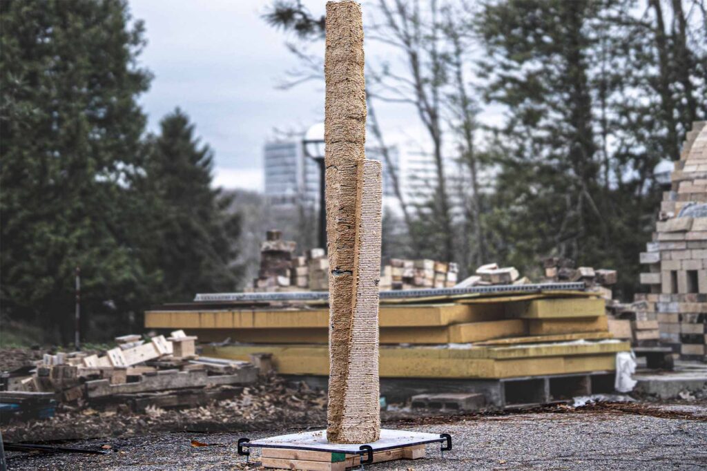 Robotic 3D printing of wood-based material paired with incremental set-on-demand concrete casting to create zero-waste freeform concrete structures. Image credit: Tharanesh Varadharajan, Zachary Keller, Muhammad Dayyem Khan
