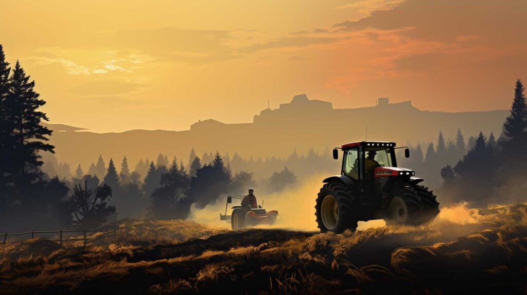Concept illustration of airborne particulates from wildfire smoke and farming emissions. Image credit: Nicole Smith, made with Midjourney