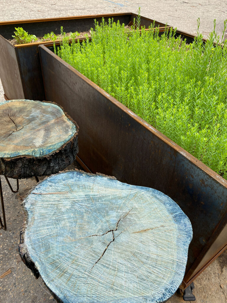 Students milled the oak from the historic Tappan Oak and utilized indigo harvested from the garden itself to dye the stools blue. (Photo by Scott C. Soderberg, Michigan Photography)