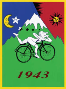 Hofman's bike ride.An animated image of a guy on a bicycle with the year 1943.