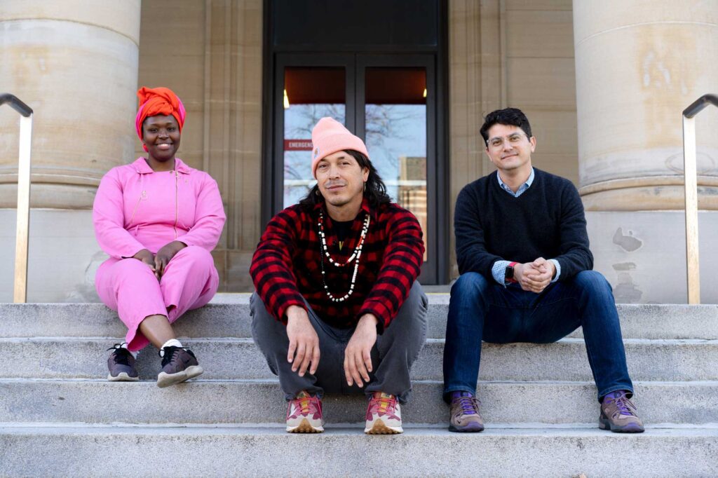 The You’re Welcome team including (from left) Co-curator Ozi Uduma, artist Cannupa Hanska Luger, and Co-curator Paul Farber. Image credit: Ian John Solomon