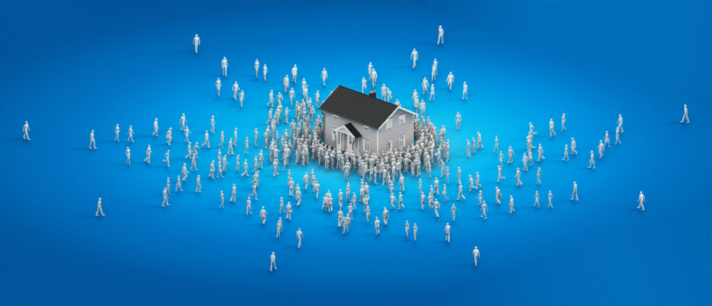 Concept illustration of many buyers for a single home. Image credit: iStock