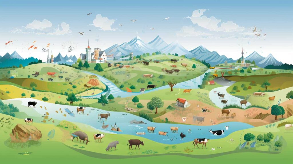 Concept illustration of the links between agriculture, biodiversity and the spread of pathogens. Image credit: Nicole Smith, made with Midjourney