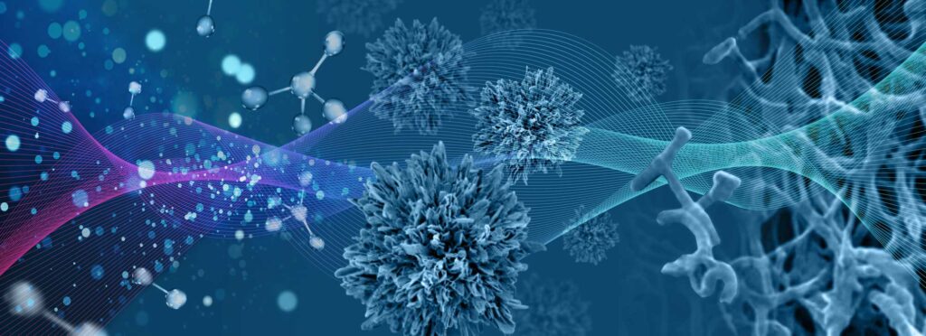 From the left, an array of dots becomes ball-and-stick molecular models. Next are electron microscope images of nanostructured particles and on the right, a lifelike network of filaments. A wavy surface traced out by a grid overlays the sequence of images. The artistic illustration suggests the way that the new Center for Complex Particle Systems (COMPASS) will use graph theory to design the self-assembly of structures that ladder up from atoms and molecules through nanostructures and microstructures, building in different functions at different scales. Image credit: Brian Townsend