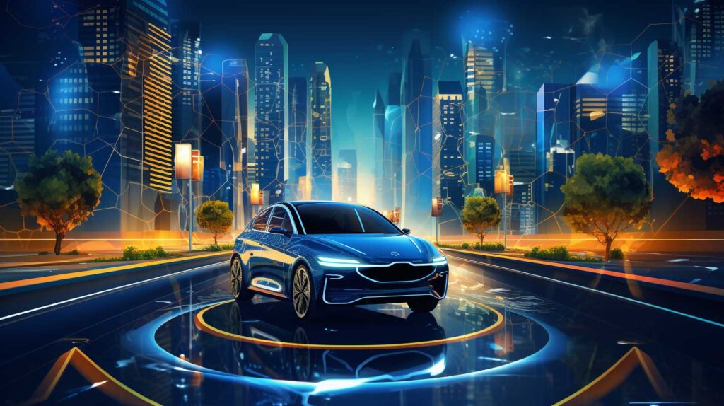 Concept illustration of an autonomous vehicle in a city. Image credit: Nicole Smith, made with Midjourney