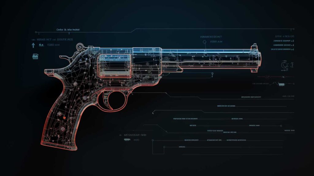 Concept illustration of a handgun schematic and data analysis. Image credit: Nicole Smith, made with Midjourney