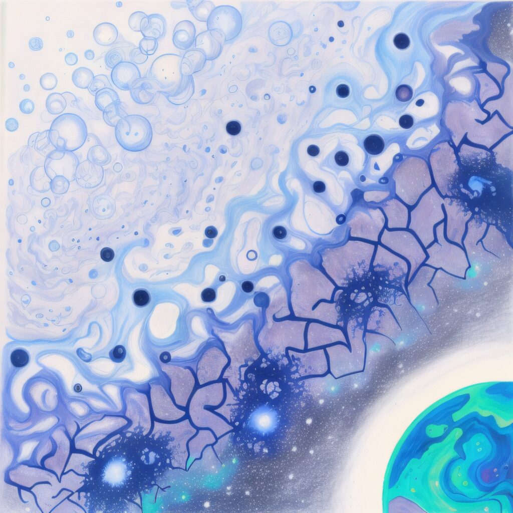 An artist's representation of matter in the early universe slowly coalescing into large cosmic structures in the late universe. Image credit: Minh Nguyen, University of Michigan and Thanh Nguyen (spouse)