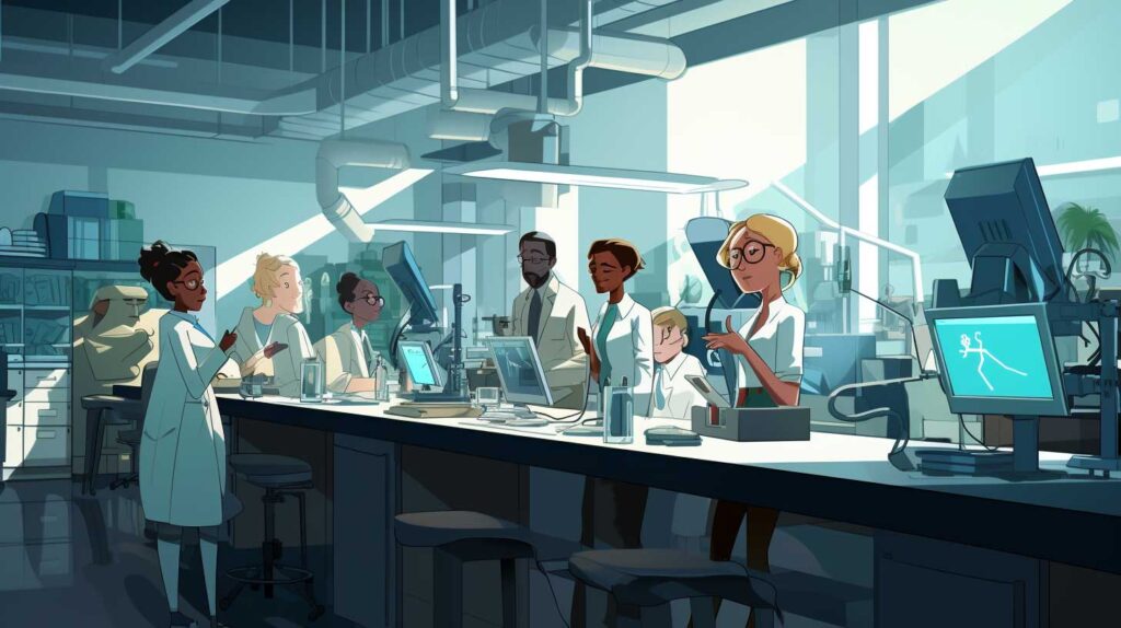 Concept illustration of a diverse group of students studying physics in a lab. Image credit: Nicole Smith, made with Midjourney