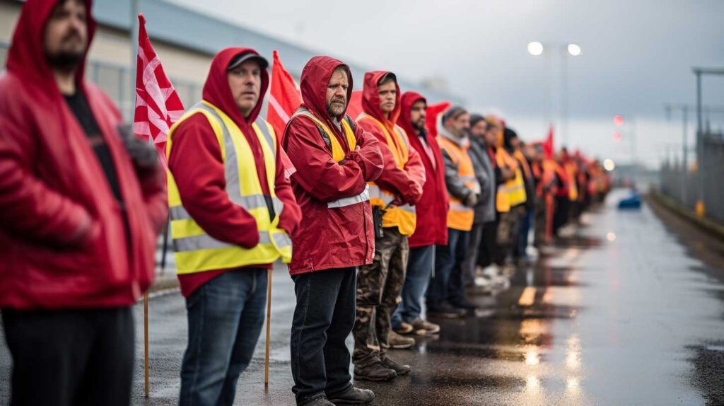 Concept illustration of workers standing on a picket line. Image credit: Nicole Smith, made with Midjourney