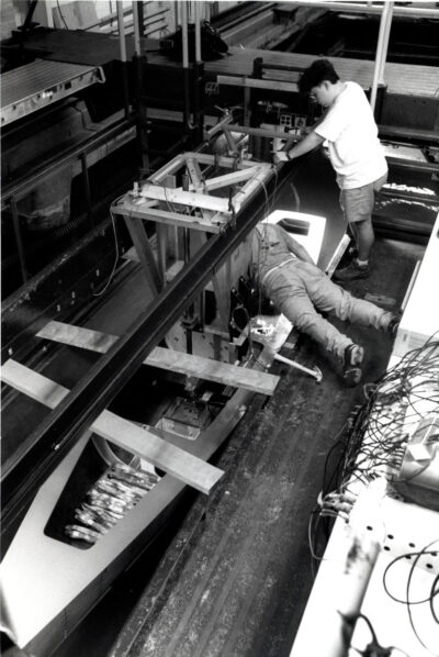 A photo of students in the tow tank in 1994.