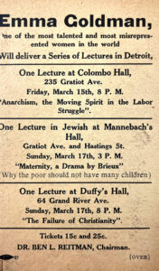 Undated poster touting an Emma Goldman lecture in Detroit.