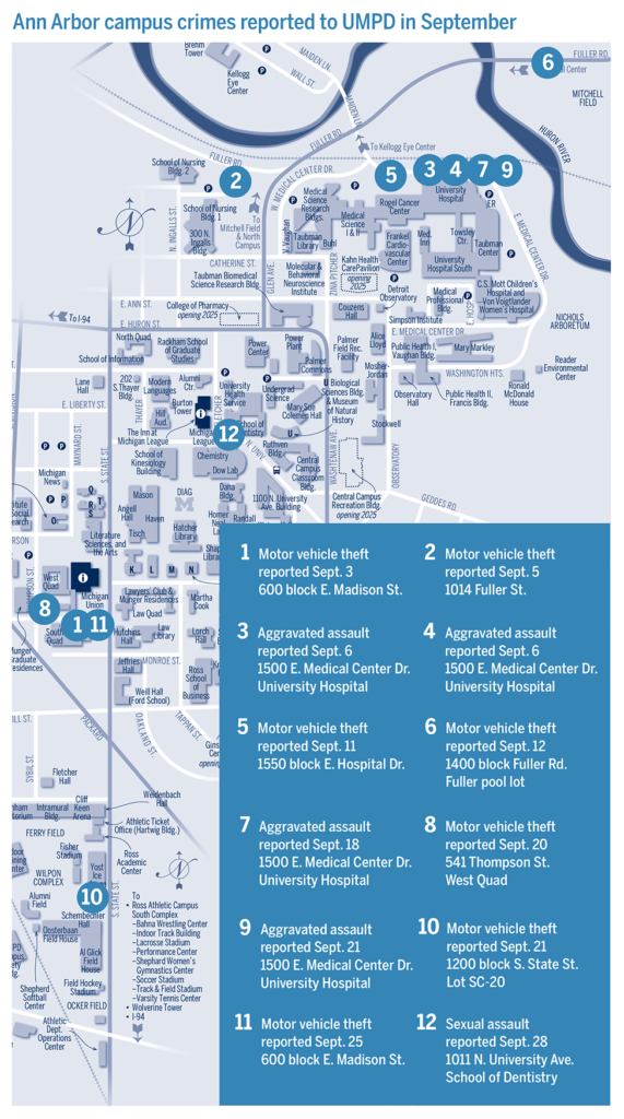 Map of crimes reported at U-M in September 2023.