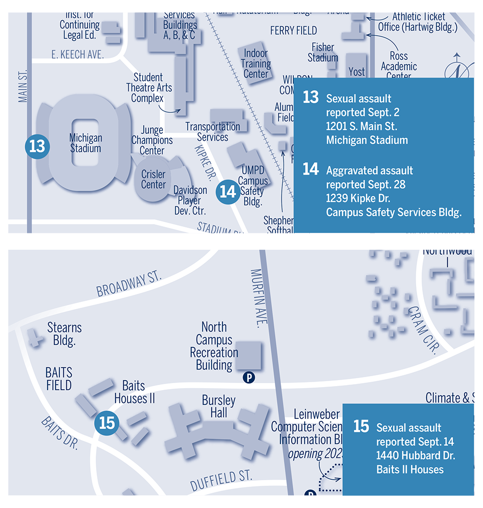 Map of crimes reported at U-M in September 2023.