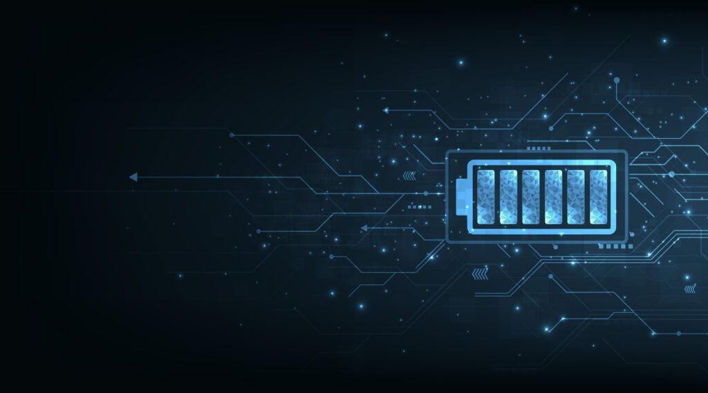 Concept illustration of electrical energy, with battery cells symbols on dark blue background. Image credit: iStock