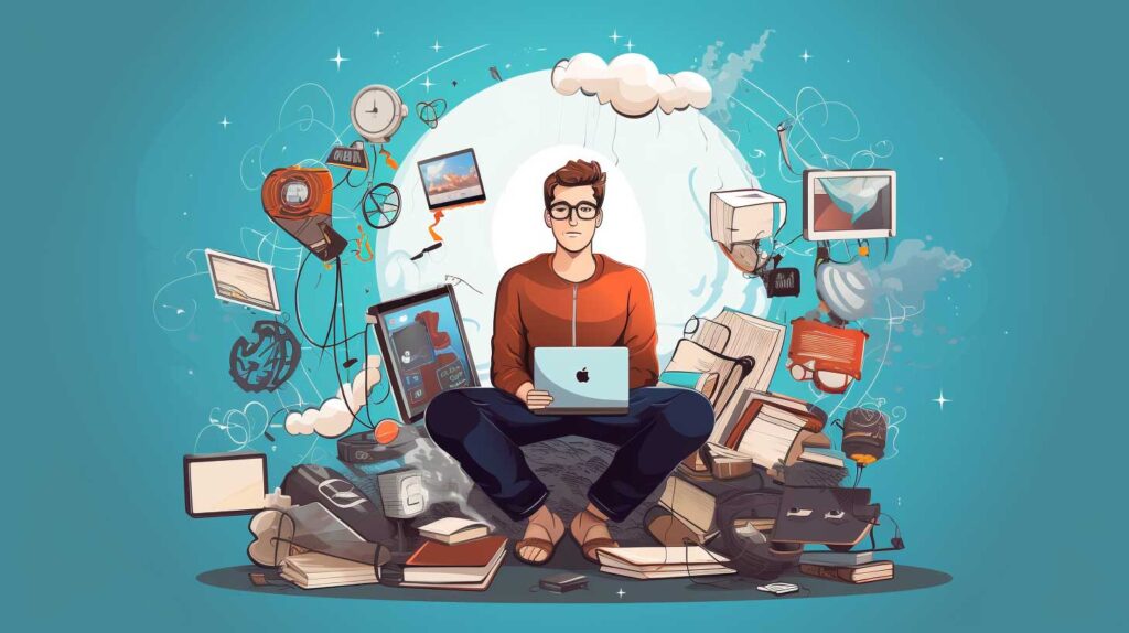 Concept illustration of a man distracted by a variety of devices and objects. Image credit: Nicole Smith, made with Midjourney