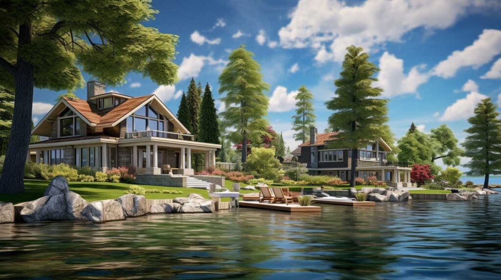 Concept illustration of lakefront homes. Image credit: Nicole Smith, made with Midjourney