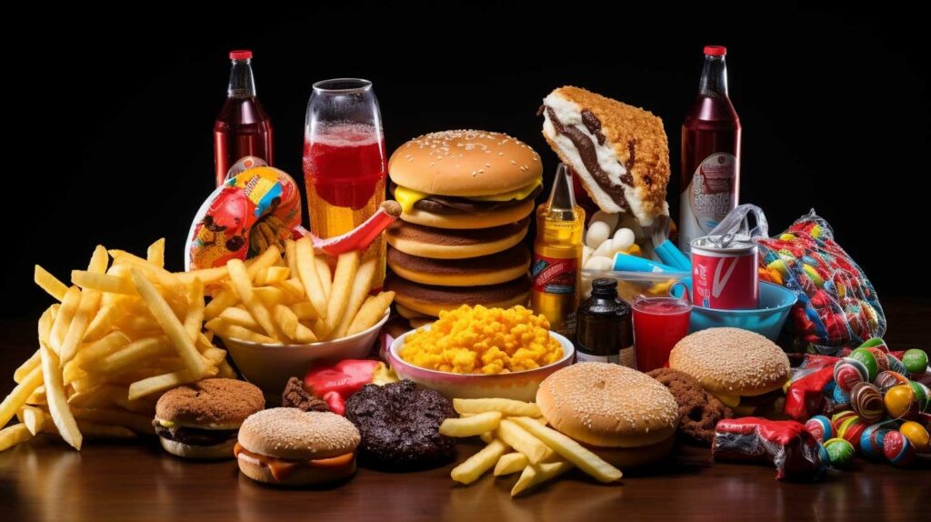 Concept illustration of an assortment of highly processed foods. Image credit: Nicole Smith, made with Midjourney