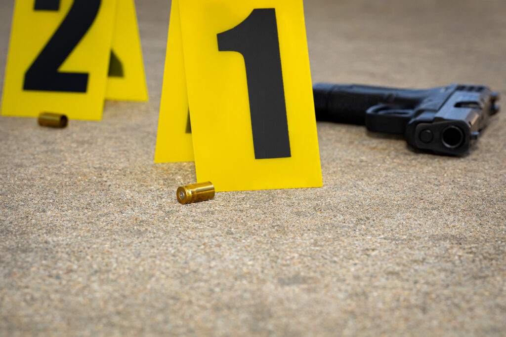 Gun shell casing at crime scene. Image credit: iStock