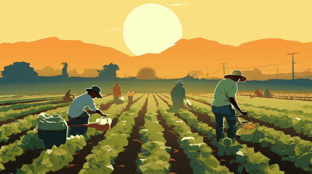 Concept illustration of immigrant farmworkers. Image credit: Nicole Smith, made with Midjourney