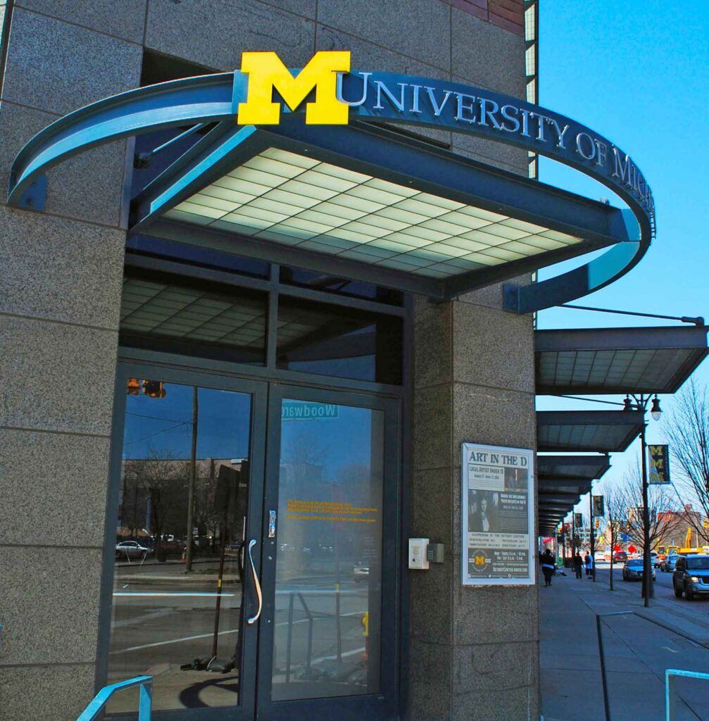 Exterior shot of the University of Michigan Detroit Center. Image credit: Mike Morland, University of Michigan, CC BY-SA 4.0, via Wikimedia Commons